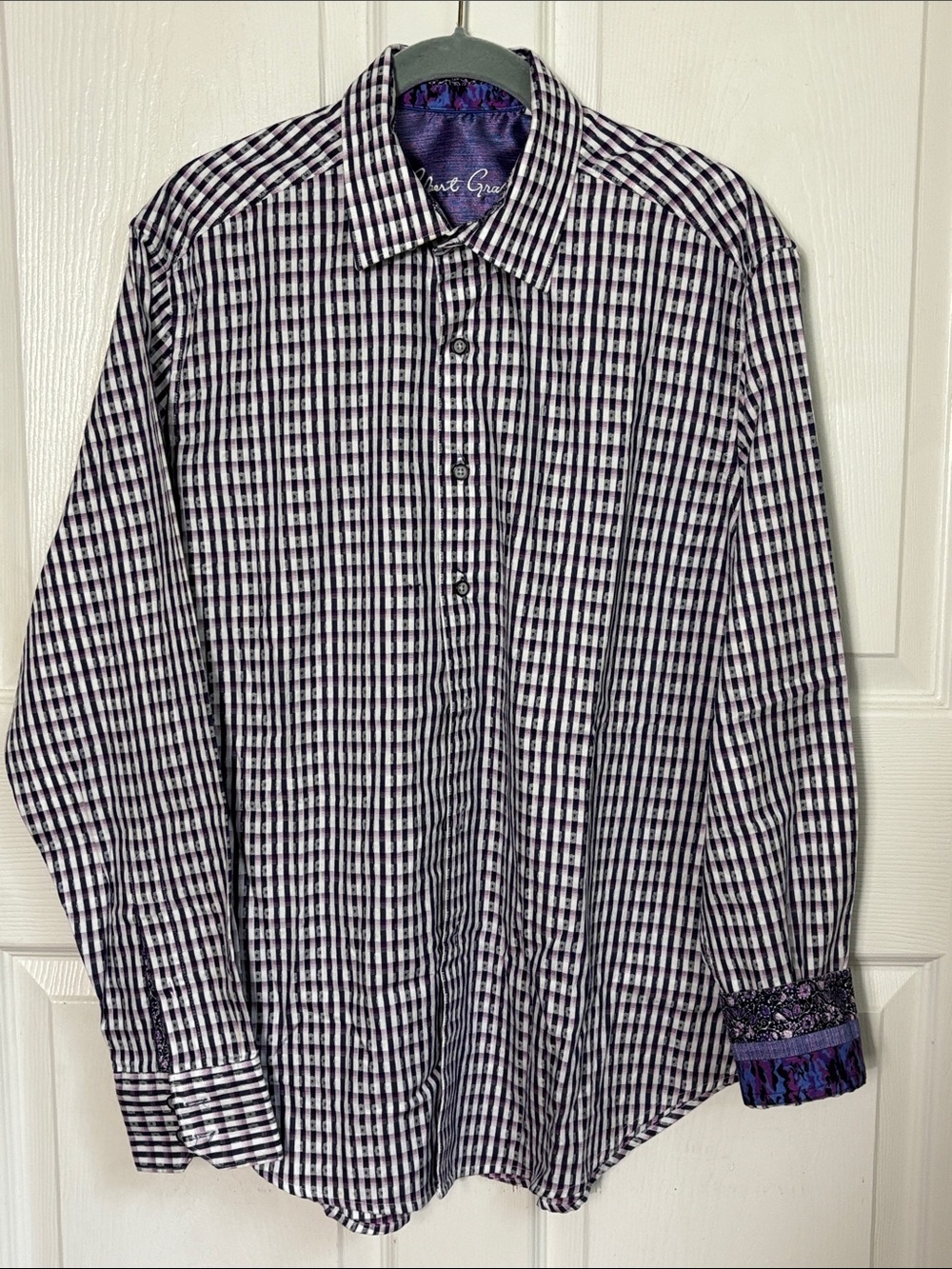 Robert Graham Classic Fit Purple & White Check Button-Down Shirt Size Medium